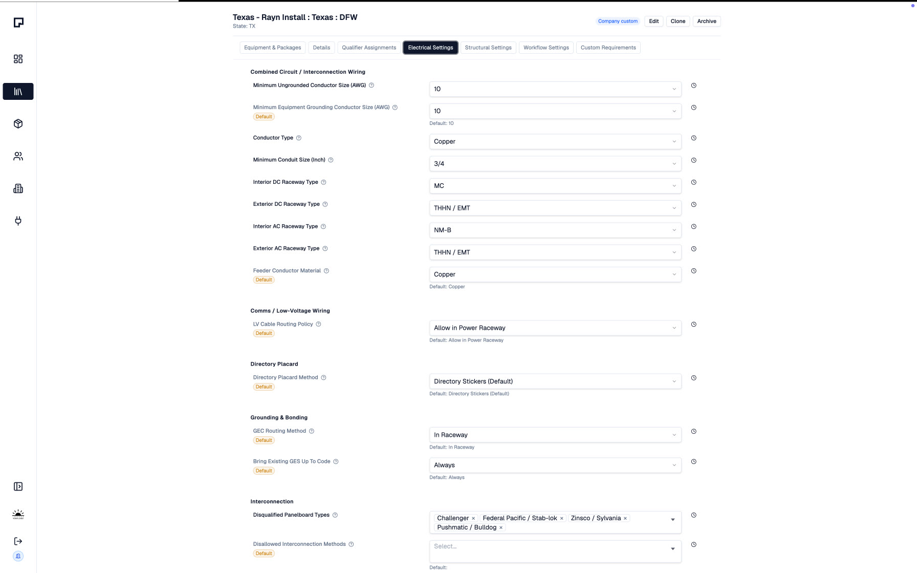Rayn market settings — conductor sizes, conduit size, interior and exterior AC and DC raceway types, LV cable routing, directory placard method, GEC routing, disqualified panelboard types and disallowed interconnection methods, each showing its default and change history