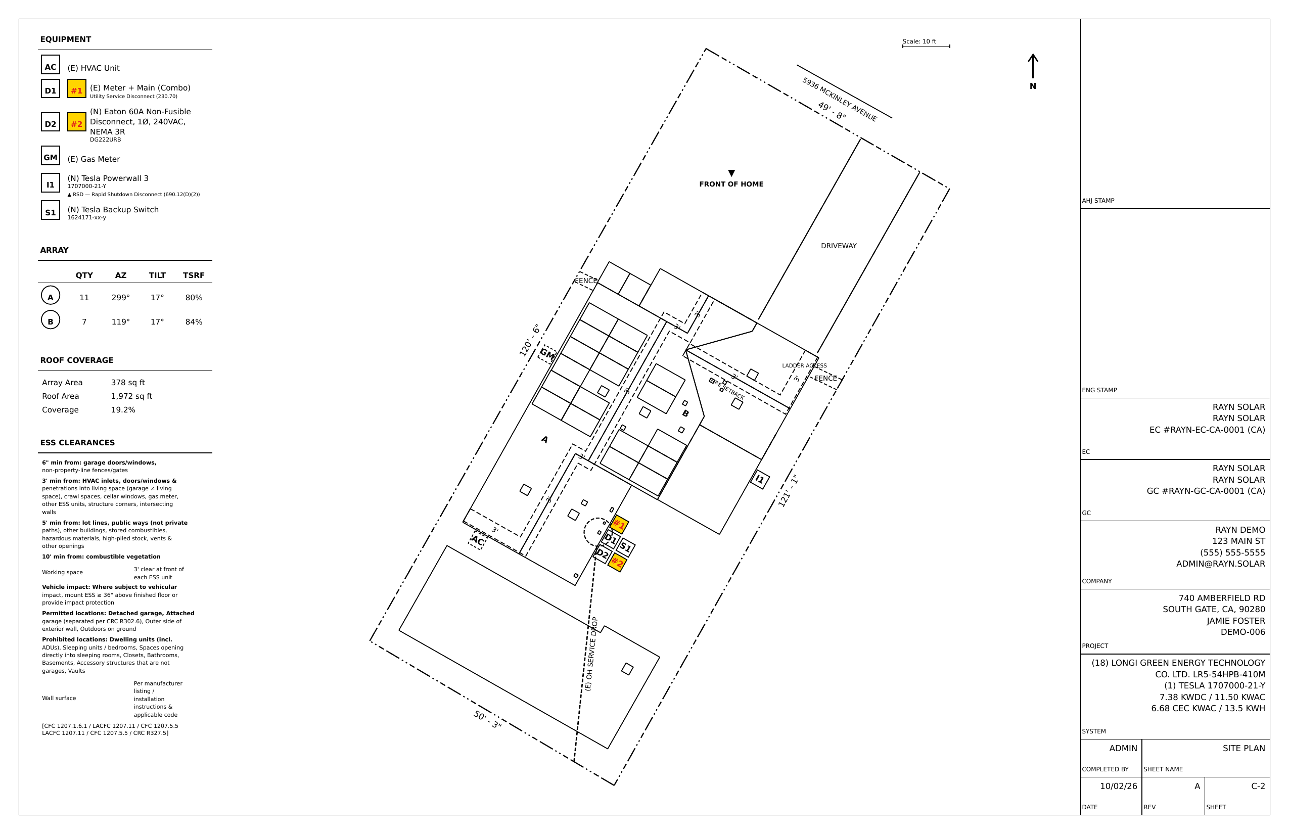 Rayn site plan sheet with property line, fire setbacks, array sections and numbered LA County disconnects